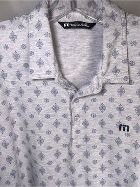 Travis Mathew Lightweight Cotton/Poly Polo Light Gray/Blue Geometric Print XL